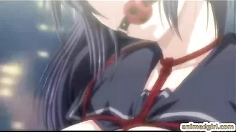 Bondage hentai with a muzzle watching her friend getting fucked on the train