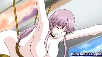 Bound hentai babe with big tits whipped and fucked in threesome lesbian sex on a bus