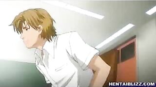 Hentai heaven! Big-boobed coed enjoys steamy gangbang with oral sex in swimsuit