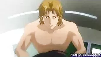 Hentai heaven! Big-boobed coed enjoys steamy gangbang with oral sex in swimsuit