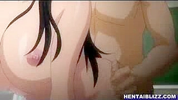 Hentai heaven! Big-boobed coed enjoys steamy gangbang with oral sex in swimsuit