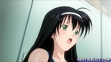 Hentai heaven! Big-boobed coed enjoys steamy gangbang with oral sex in swimsuit