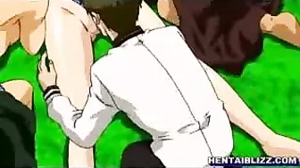 Big-Boobed Hentai Coeds Lick Wet Pussies and Fuck Outdoors