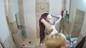 Tall girl caught sister preparing to go out and  after a bit of teasing they cum