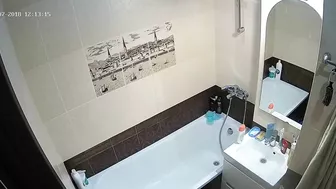 Cute caught sister with dark hair and medium breasts is having alone fun