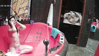 Pervert caught sister playing with her small tits and naked body in the tub