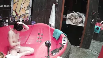 Pervert caught sister playing with her small tits and naked body in the tub