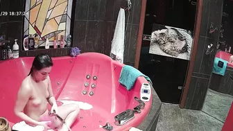 Pervert caught sister playing with her small tits and naked body in the tub