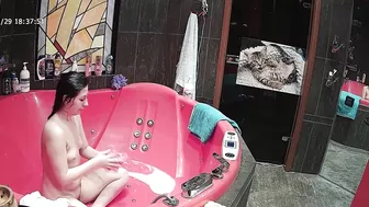 Pervert caught sister playing with her small tits and naked body in the tub