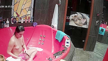 Pervert caught sister playing with her small tits and naked body in the tub