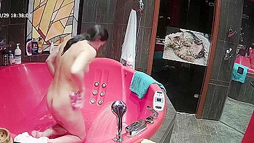 Pervert caught sister playing with her small tits and naked body in the tub