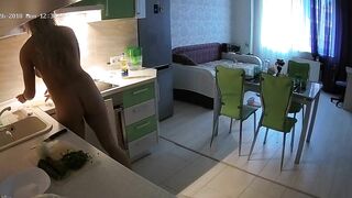 I caught sister preparing food in the kitchen naked via a small spy camera