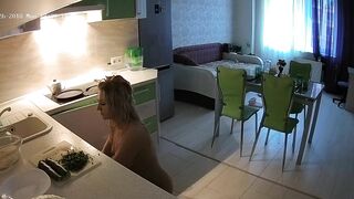 I caught sister preparing food in the kitchen naked via a small spy camera