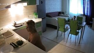 I caught sister preparing food in the kitchen naked via a small spy camera