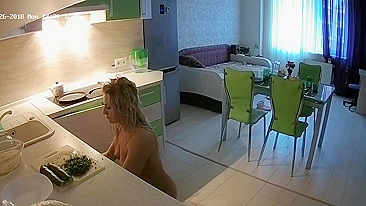 I caught sister preparing food in the kitchen naked via a small spy camera