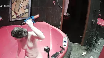 A camera on the top of the room caught sister naked going crazy while wet