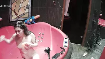 A camera on the top of the room caught sister naked going crazy while wet