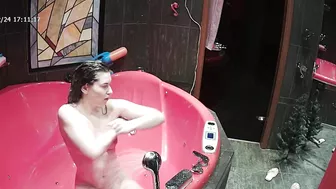 A camera on the top of the room caught sister naked going crazy while wet