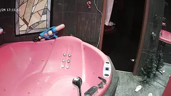 A camera on the top of the room caught sister naked going crazy while wet