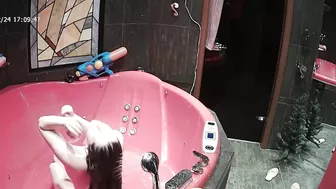 A camera on the top of the room caught sister naked going crazy while wet