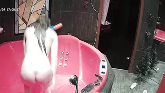 A camera on the top of the room caught sister naked going crazy while wet