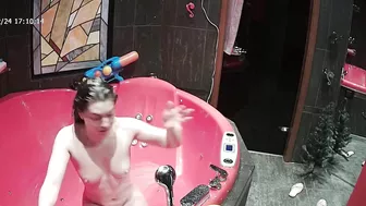 A camera on the top of the room caught sister naked going crazy while wet