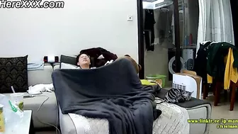 Asian caught sister is trying to hide from the hidden cam while masturbating