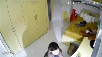 The hidden cam results in a caught sister masturbating instead of studying