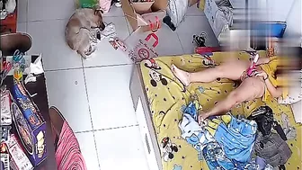 Censored face of a caught sister who starts using her pink vibrating sex toy