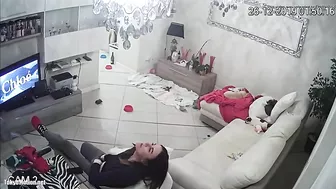 Watching TV as the caught sister is masturbating untul she ends up orgasming