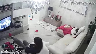 Watching TV as the caught sister is masturbating untul she ends up orgasming