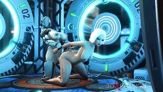 Cyber sex scene featuring a big boobs lady that takes mechanical dick inside