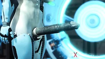 Cyber sex scene featuring a big boobs lady that takes mechanical dick inside