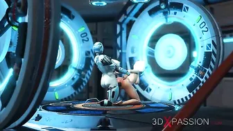 Cyber sex scene featuring a big boobs lady that takes mechanical dick inside