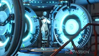 Cyber sex scene featuring a big boobs lady that takes mechanical dick inside