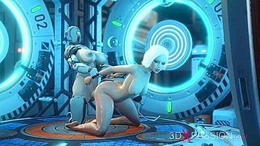 Cyber sex scene featuring a big boobs lady that takes mechanical dick inside
