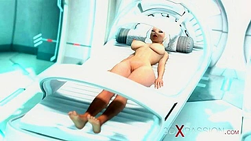 Cyber sex scene featuring a big boobs lady that takes mechanical dick inside