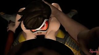 Overwatch Tracer showing her hot hentai pussy and riding large penis as well