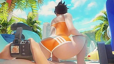Overwatch Tracer showing her hot hentai pussy and riding large penis as well