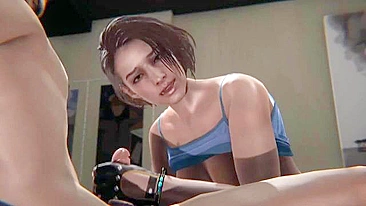 Short hair cop lady from Resident Evil enjoying hardcore hentai loving too