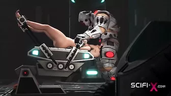 Sci fi sex scene showing a busty lady that has a bald and wet pussy to FUCK