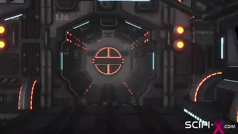 Sci fi sex scene showing a busty lady that has a bald and wet pussy to FUCK