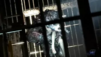 Demon thing with a huge cock is going to violate a brunette in her jail cell