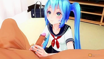 Hatsune Miku takes in the mouth from him, from a guy with a nice, big dick