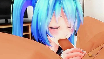 Hatsune Miku takes in the mouth from him, from a guy with a nice, big dick