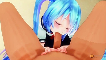 Hatsune Miku takes in the mouth from him, from a guy with a nice, big dick