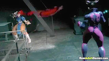 Chun Li is showing her pussy during a fight in a hentai pleasure scene