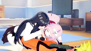 Hinata and Sakura creampie FFM fuck scene featuring Naruto and his hard boner