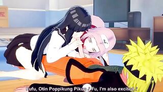 Hinata and Sakura creampie FFM fuck scene featuring Naruto and his hard boner