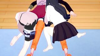 Hinata and Sakura creampie FFM fuck scene featuring Naruto and his hard boner